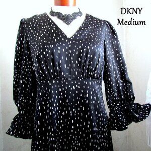 BLACK & WHITE DESS, 10, DKNY EMPIRE WAIST, HEM RUFFLE, GATHERED SLEEVES, LINED